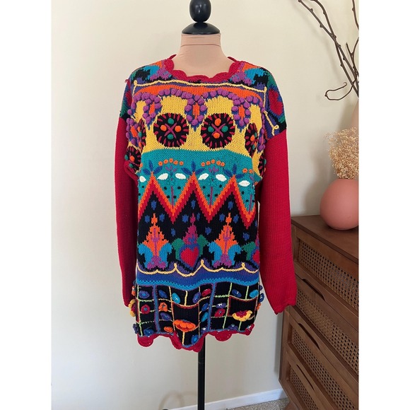 Vintage Sweaters - Vintage‎ 80s Colorful Funky Floral 3D Knit Crochet Sweater